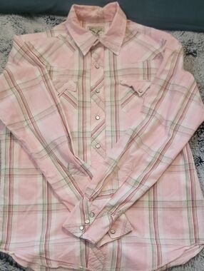 American Living Mens Pink Plaid Western Pearl Snap Shirt Large M L 22x29